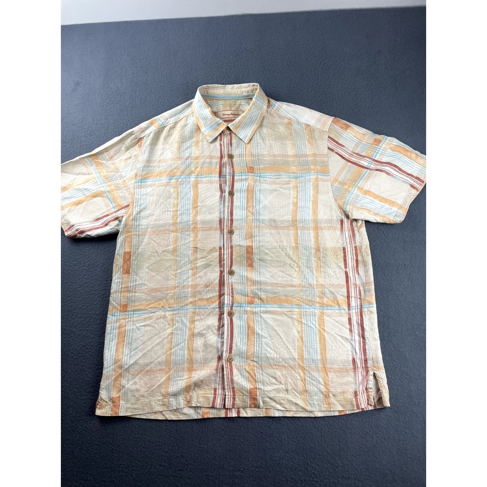 Tommy Bahama Button Up Shirt Men's L Silk Orange Plaid Camp Lightweight Beach